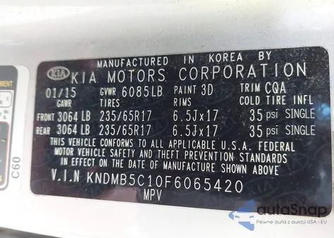 2015 Kia Sedona Lx from USA, damaged, VIN KNDMB5C10F6065420